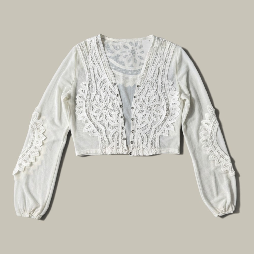 Unbranded White Lace Mesh Cardigan Women Size M Boho Cropped Sheer Top
